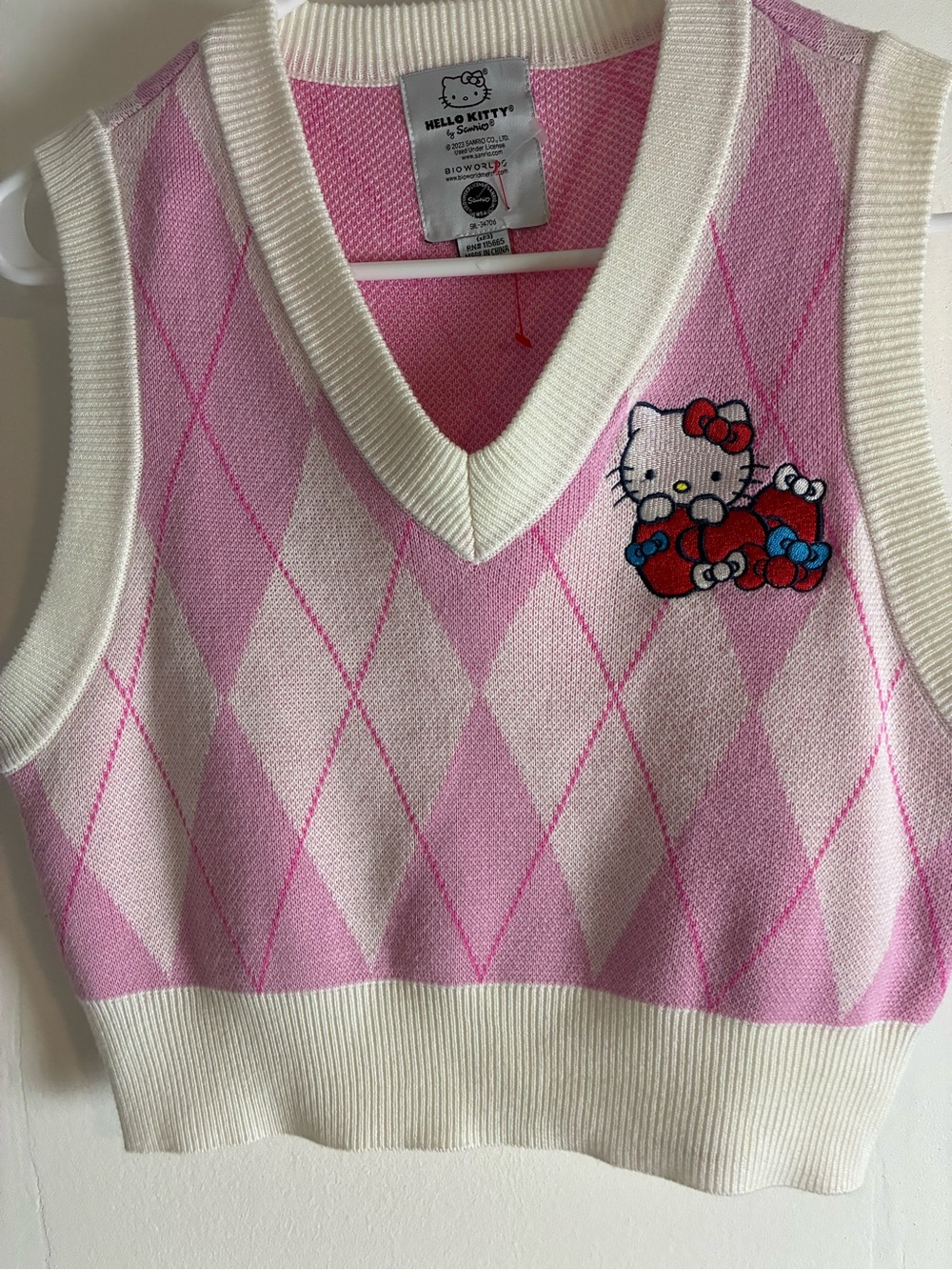 Hello Kitty Pink and Cream Argyle V-Neck Knit Vest